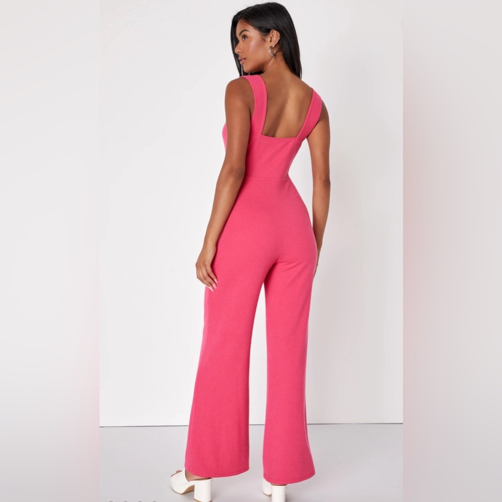 Lulus Hot Pink Ribbed Knit Wide-Leg Jumpsuit - Picture 2 of 4